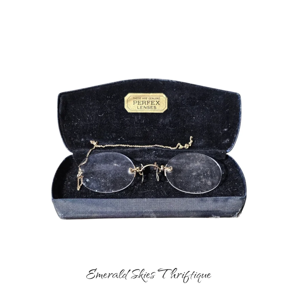 Antique Vtg Fits-U Spectacle Eyeglasses w/Hairpin Chain & Case